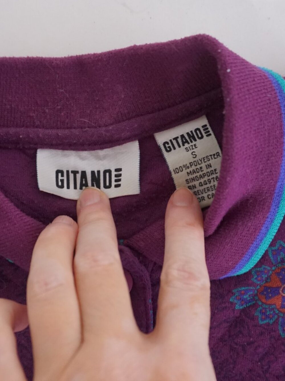 Vintage Gitano Purple Floral Geometric Grunge Academic Collared Polo Shirt S - Picture 9 of 9